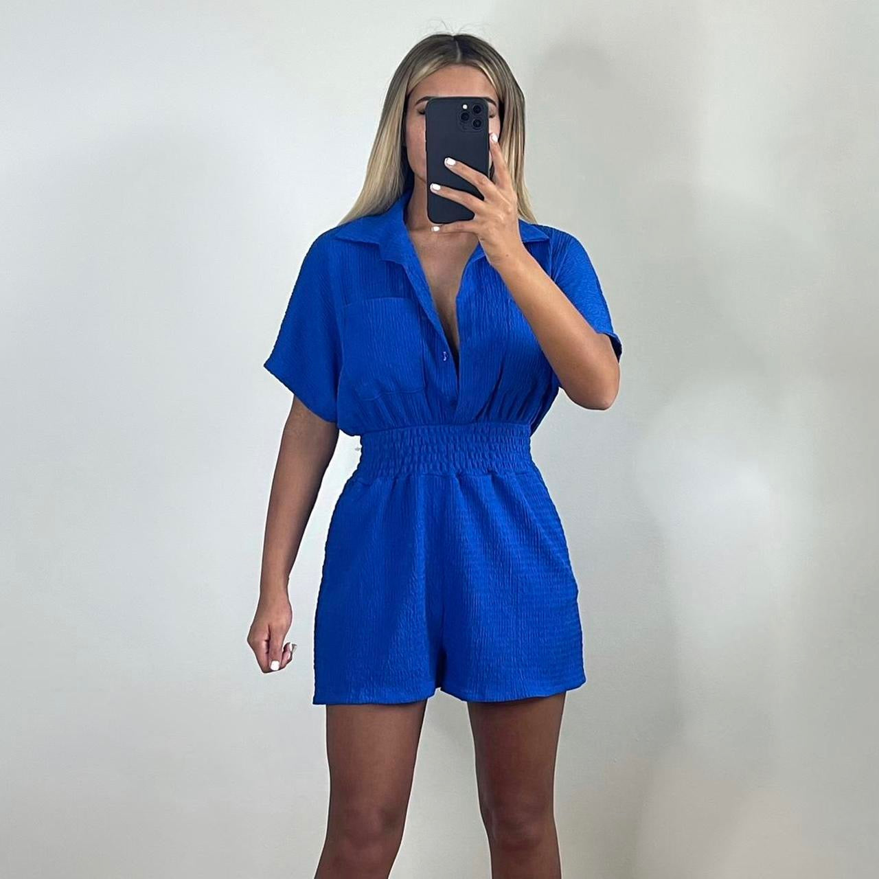 JANE Utility Button Up Cheesecloth Playsuit Blue