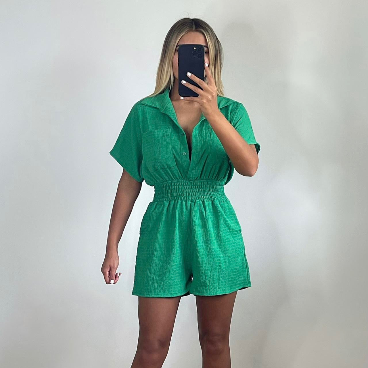 JANE Utility Button Up Cheesecloth Playsuit Green