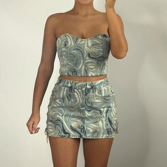 ELLIE - Denim Corset Top And Skirt Co-Ord - Blue