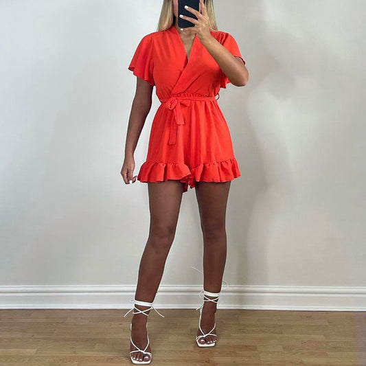 MIRA Wrap Frill Hem Playsuit - Orange