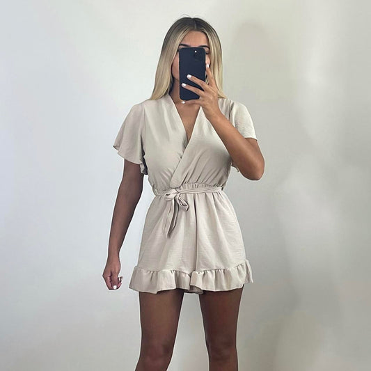 MIRA Wrap Frill Hem Playsuit - Beige