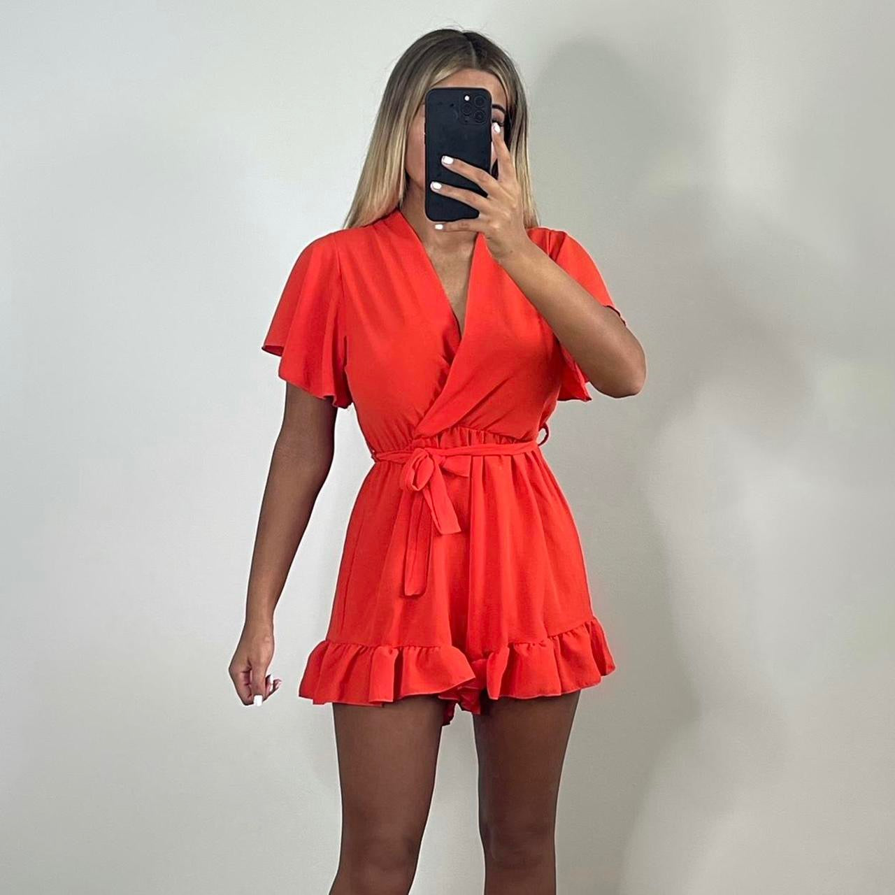 MIRA Wrap Frill Hem Playsuit - Orange