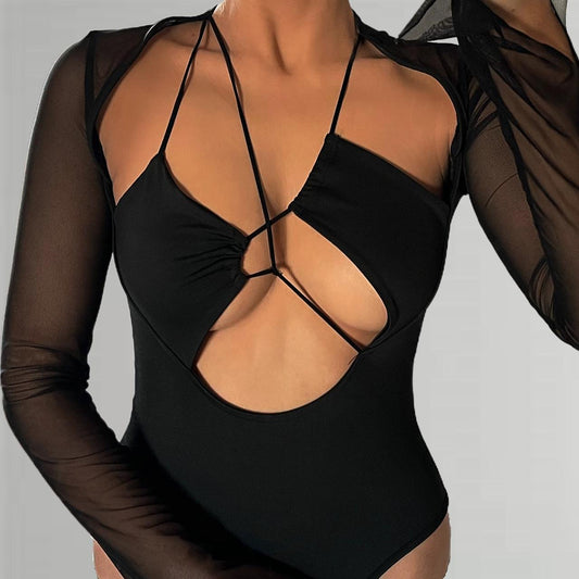 LEA Mesh Sleeve Asymmetric bodysuit  Black