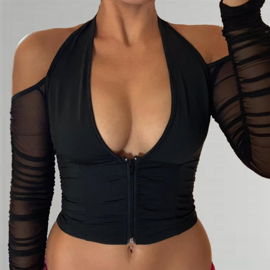 MILLIE Mesh Sleeve Halter Top - Black