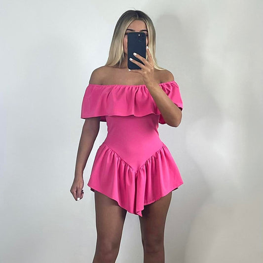 BRIT Off Shoulder Frill Dress Pink