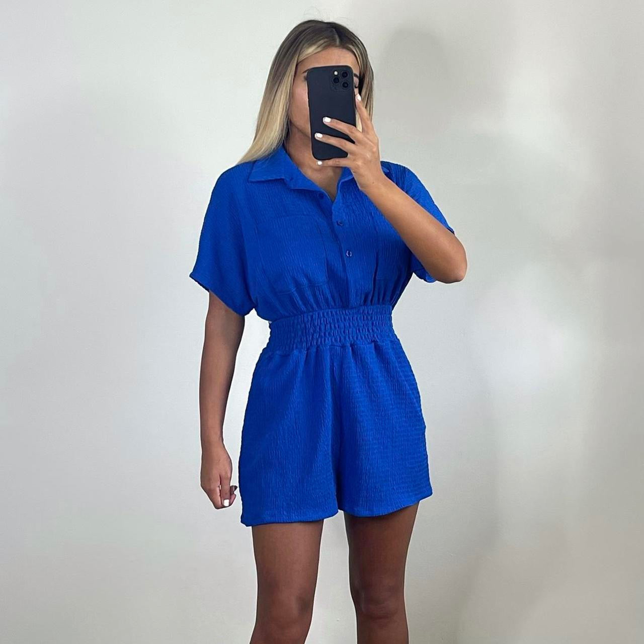 JANE Utility Button Up Cheesecloth Playsuit Blue