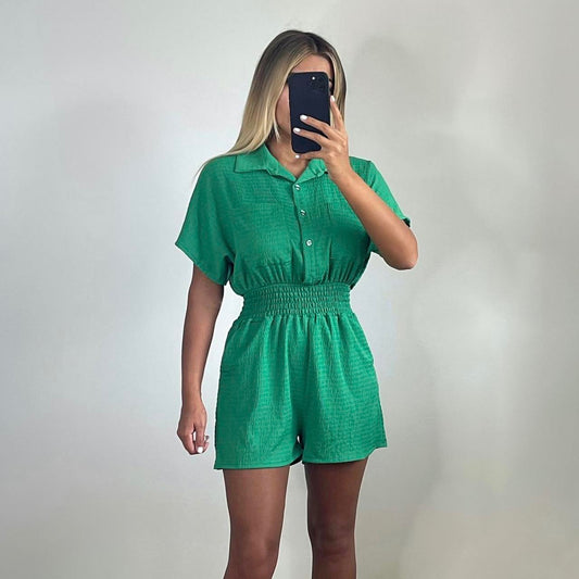 JANE Utility Button Up Cheesecloth Playsuit Green