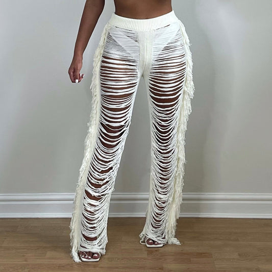 GEMMA Tassel Shredded Trousers - White