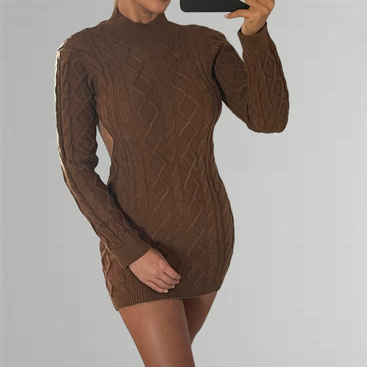 HANA Cable Knit Backless Dress - Brown