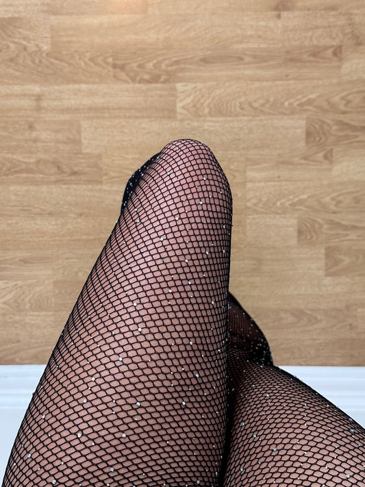 PIXIE Rhinestone Fishnet Tights - Black