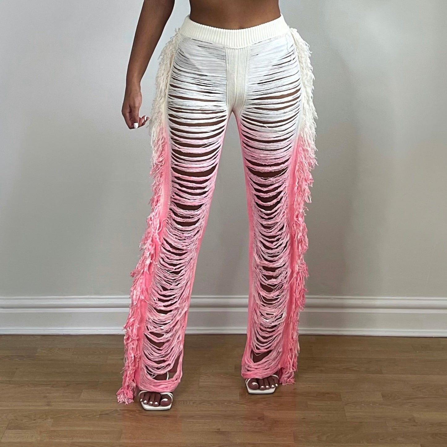 GEMMA Tassel Shredded Trousers - Pink Ombre