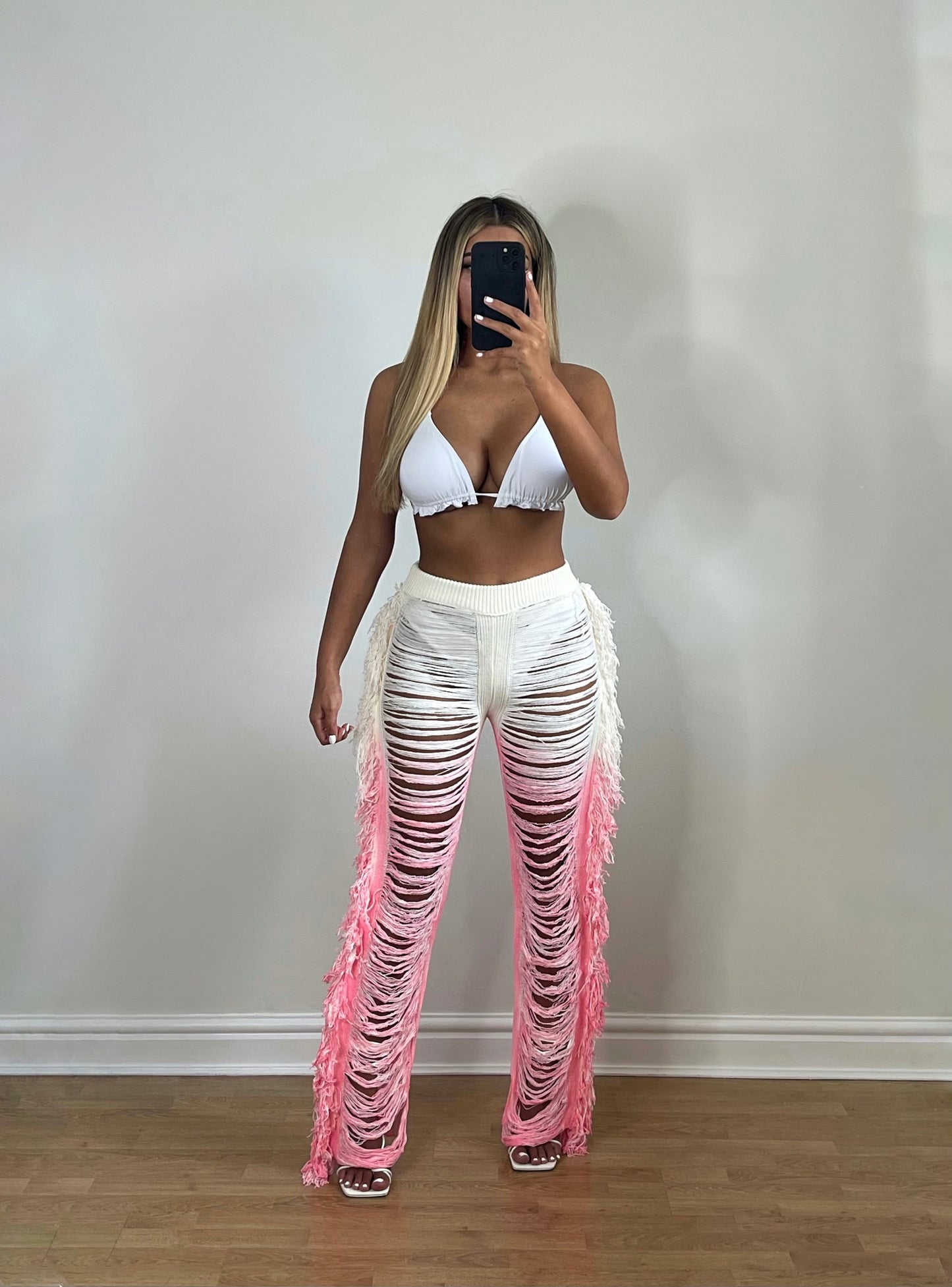 GEMMA Tassel Shredded Trousers - Pink Ombre